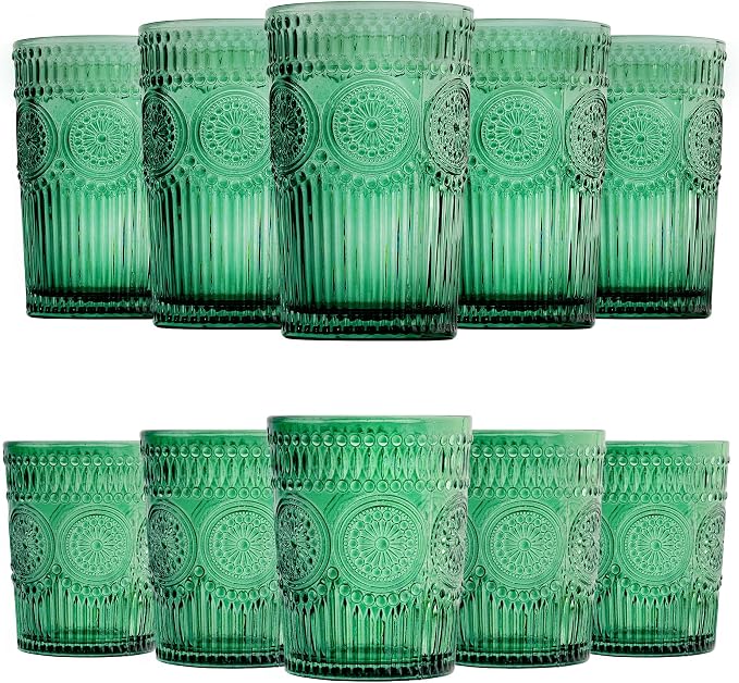 Loivttvv 12pcs Vintage Drinking Glasses Set, 12 oz Highball Glasses & 9 oz Embossed Ribbed Glassware Cups for Cocktail, Water, Juice, Coffee, Whiskey (Dark Green)
