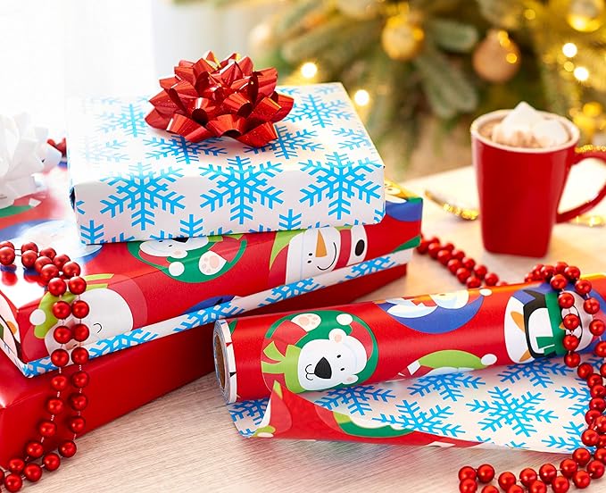 American Greetings Jumbo Kids Christmas Reversible Wrapping Paper Roll, Red and Blue Holiday Gift Wrap (175 sq. ft., 1 Extra Large Roll-30 in. x 70 ft.) Penguins, Polar Bears, Santa, Snowflakes