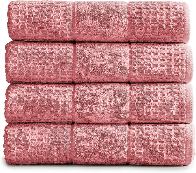 Market & Place 100% Cotton Super Soft Luxury Bath Towel Set | Quick-Dry and Highly Absorbent | Waffle Textured | 550 GSM | Includes 4 Bath Towels | Harper Collection (Rose)