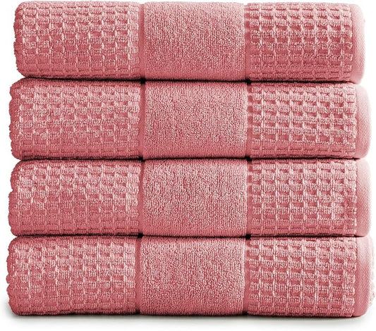 Market & Place 100% Cotton Super Soft Luxury Bath Towel Set | Quick-Dry and Highly Absorbent | Waffle Textured | 550 GSM | Includes 4 Bath Towels | Harper Collection (Rose)