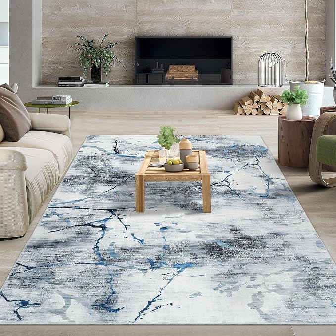 Washable Area Rugs 9x12 Living Room Rugs Soft Bedroom Large Indoor Carpet Abstract Neutral Dining Room Rug Non-Slip Stain Resistant Thin Foldable Floor Carpet for Playroom Nursery, Blue