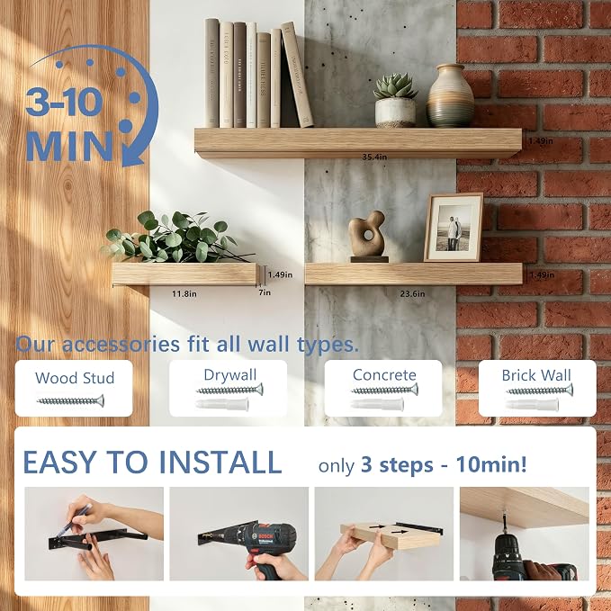 Floating Shelves for Wall, Bathroom Shelves Over Toilet, Wall Shelves & Book Shelf for Room, Hanging Shelf, Modern Wooden Wall-Mounted Small Floating Shelves, 12x7x1.5 in (Oak, Set of 2)