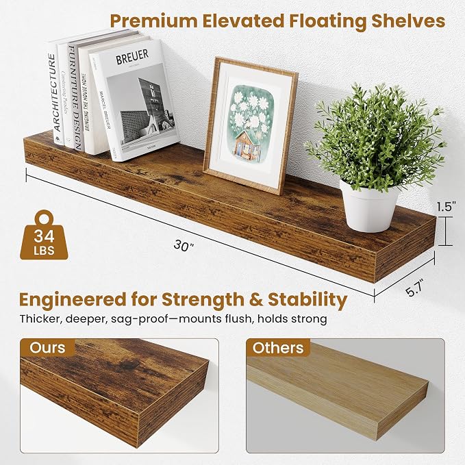 Fun Memories Floating Shelves 30 Inch, Wall Mounted Wood Shelf Set of 2, Farmhouse Decor for Bathroom, Bedroom, Kitchen, Living Room, Rustic Brown