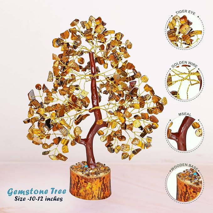 YATHABI Tiger Eye Crystal - Gem Tree - Stone Bonsai Tree - Good Luck Money Tree - Chakra Stone - Spiritual Tree - Crystal Tree for Life Decor - Crystal Gift - Crystal Energy