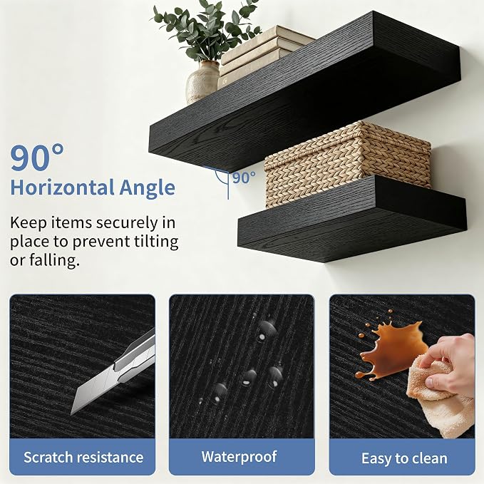 Floating Shelves Bathroom for Wall, Bathroom Shelves Over Toilet, Wall Shelves & Book Shelf, Hanging Shelf, Modern Wooden Wall-Mounted Small Floating Shelves, 12x7x1.5 in (Black, Set of 2)