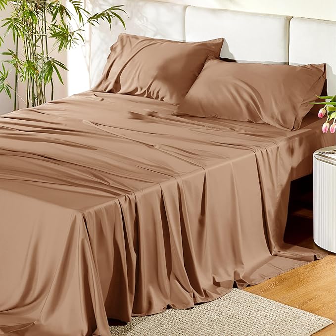 Bedsure Queen Sheet Set, Rayon Derived from Bamboo, Cooling Sheets, Breathable & Soft, Deep Pocket Up to 16 Inches, Hotel Luxury Silky Bedding for Hot Sleepers, Khaki