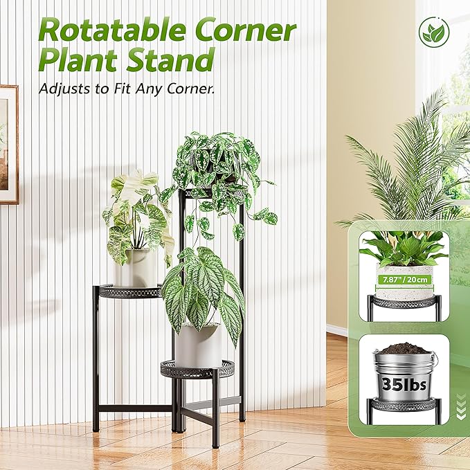 Plant Stand Indoor Outdoor, 3 Tier Corner Metal Flower Display Holder Shelf, Folding Tall Plant Rack for House Patio Balcony Porch Living Room, Heavy Duty Anti-Rust Wrought Iron - BlackS