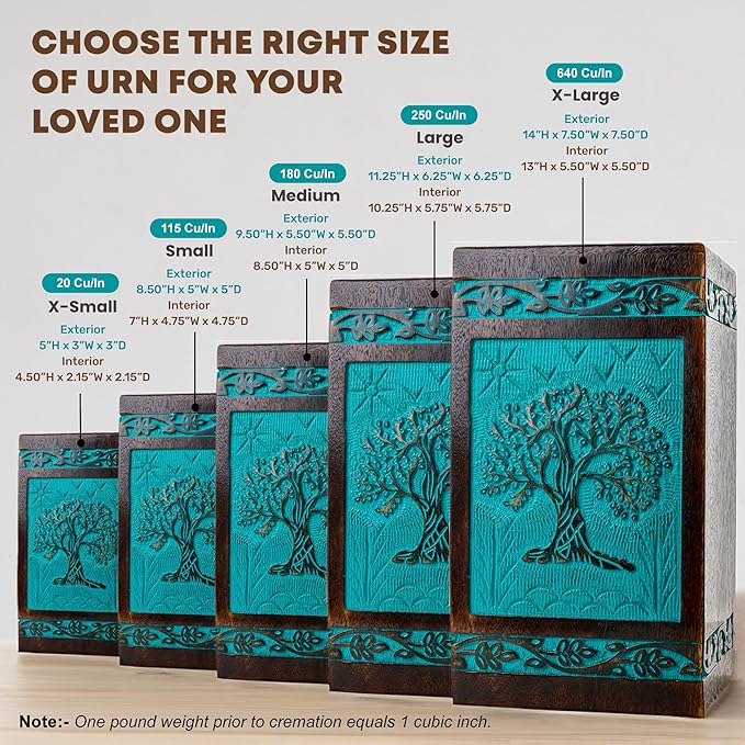 INTAJ Cremation Urn for Human Ashes - Wooden Urn Box for Ashes Handcrafted - Tree of Life Memorial Urn Funeral Cremation Urns (Teal Green, X-Large (250lbs or 115kg))