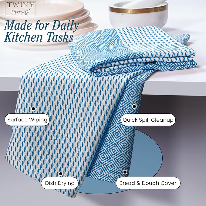 TWINY threads Kitchen Dish Towel Diamond Weave Mixed Color Pack, Premium 100% Cotton Kitchen Linen Set, Absorbent Quick Drying Dish Rags, Washable Reusable Multi Purpose, Set of 4, 18 x 26 Inch