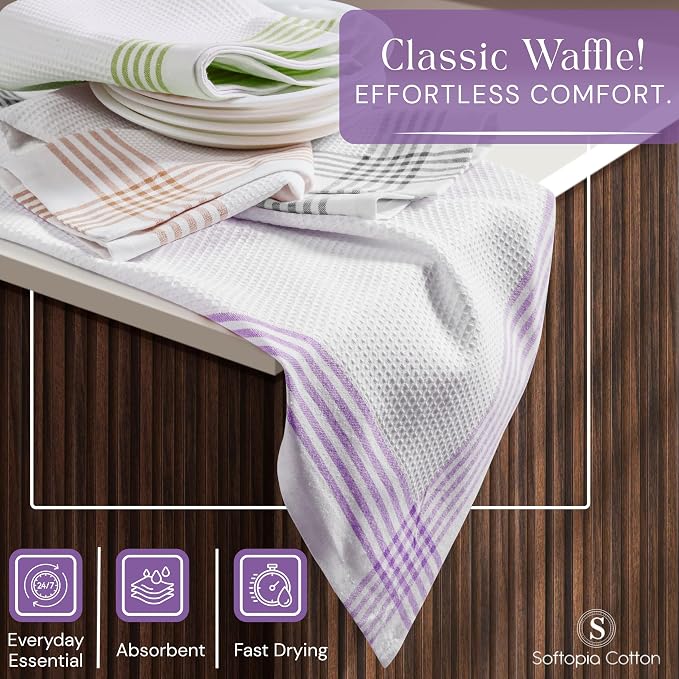 Waffle White & Multi Colors Kitchen Towels 4 Pack, 100% Cotton, 16x26 inches, Quick Dry Dishcloths, Ideal Dish Towel for Drying, Wiping - Lavender, Lemon Green, Beige, Light Grey