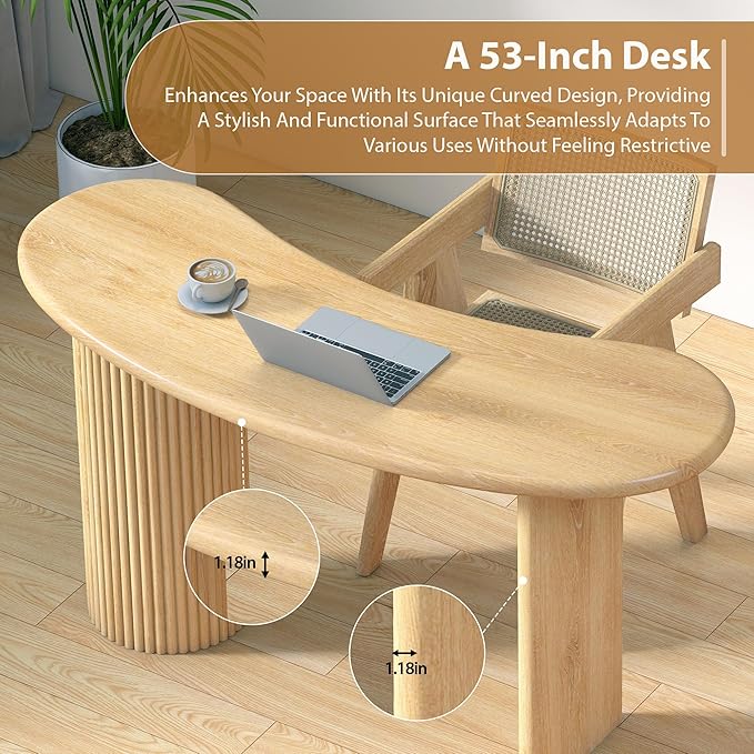 LEVNARY 54.3" Curved Small Computer Desk, Wooden Executive Desk with Sturdy Fluted Legs, Modern Luxury Corner Single Writing Vanity Desk for Bedroom Living Room Home Office (Natural)