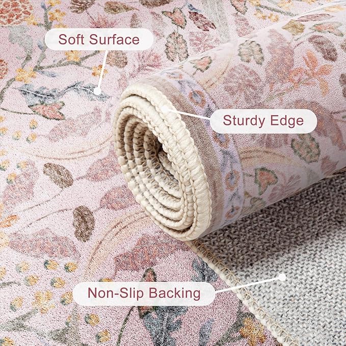 AMTOVO 5x7 Washable Area Rugs for Living Room, Vintage Boho Floral Distressed Print Non-Slip Carpet, Soft Colorful Accent Rug for Bedroom Girls Room Indoor Nursery Dining Room Playroom Farmhouse, Pink