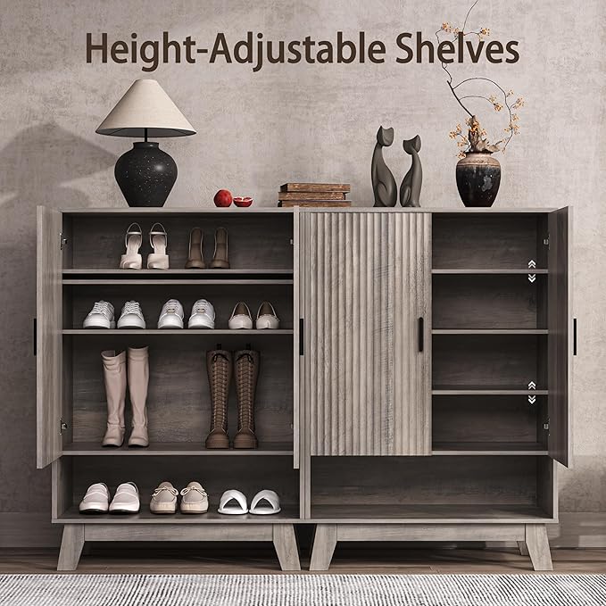 BOXACTION 4-Tier Fluted Shoe Cabinet with 2 Doors & Open Shelf, Mid Century Modern Shoe Storage Organizer with Adjustable Shelves, Metal Handles & Wood Legs, Hidden Shoe Rack for Entryway, Hallway