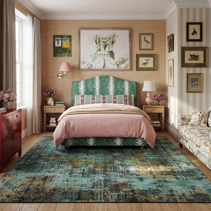 Kokia Abstract 8x10 Area Rugs Living Room Washable Dark Green Low Pile Non-Slip Indoor Decor Carpet Foldable Stain Resistant Ombre Rugs Bedroom Dining Room, Oslo Moss