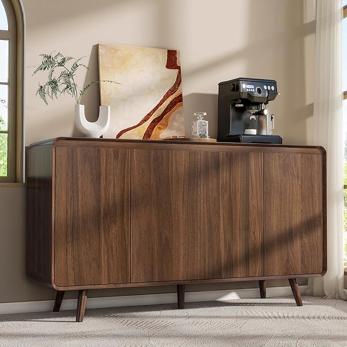 Nasonet Mid Century Modern Buffet Cabinet with Storage, 55 Inch Sideboard Credenza with Doors & Shelves Console Coffee Bar Table for Living Room, Kitchen, Dining Room and Hallway, Walnut