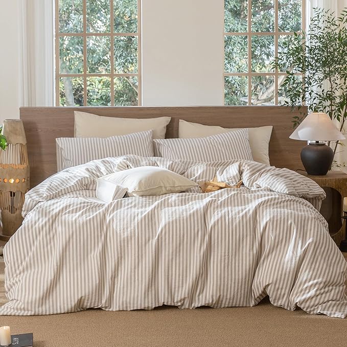 MooMee Striped Duvet Cover Set 100% Washed Cotton Linen Like Textured Breathable Durable Soft Comfy (Tannish Linen Grey White Classic Stripes, Oversized King Plus 128"x120")
