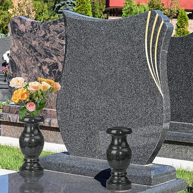 Cemetery Memorial Vase, Natural Granite Stone Flower Vases with Draining Holes for Home Tabletop, Cemetery Flowers, Memorial Grave Headstone Decorations (2Pcs, 10 Inches)
