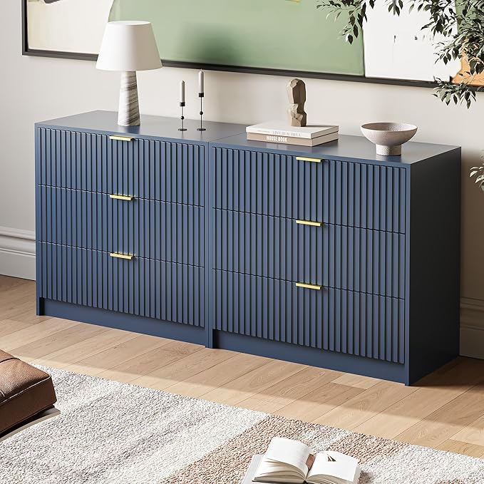 3-Piece Dresser Bedroom Set, 6 Drawer Dresser & 3 Drawer Nightstands with Gold Handles, Fluted Wood Chest of Drawers for Bedroom, Living Room, Entryway, Navy Blue