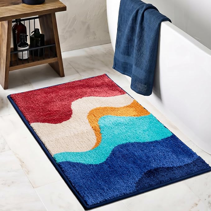 Funky Tufted Bathroom Rugs Non Slip Absorbent Fluffy Microfiber Cute Bath Mat for Bathroom with Colorful Wave Pattern, Small Floor Rug for Toilet, Tub, Machine Washable, 16"x24", Multicolor