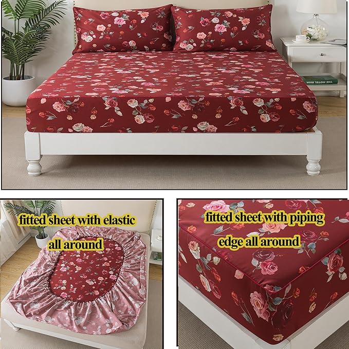 FADFAY Red Rose Sheets Set King Vintage Rose Floral Bedding Chic Rose Flower Bed Sheets Shabby Farmhouse Bedding 100% Percale Egyptian Cotton 800 Thread Count Deep Pocket Fitted Sheet 4Pcs, King Size