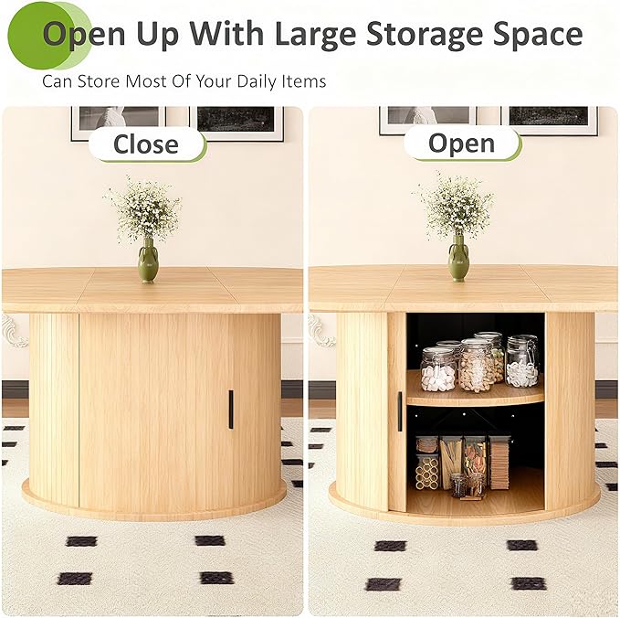 Wildhome Extendable Round Dining Table for 2-4-6, 63 Inch Dining Room Kitchen Table with 2-Tier Storage Shelf, Modern Farmhouse Fluted Wood Slide Door Dinner Furniture,Oval Circle (Oak-63 Inch)