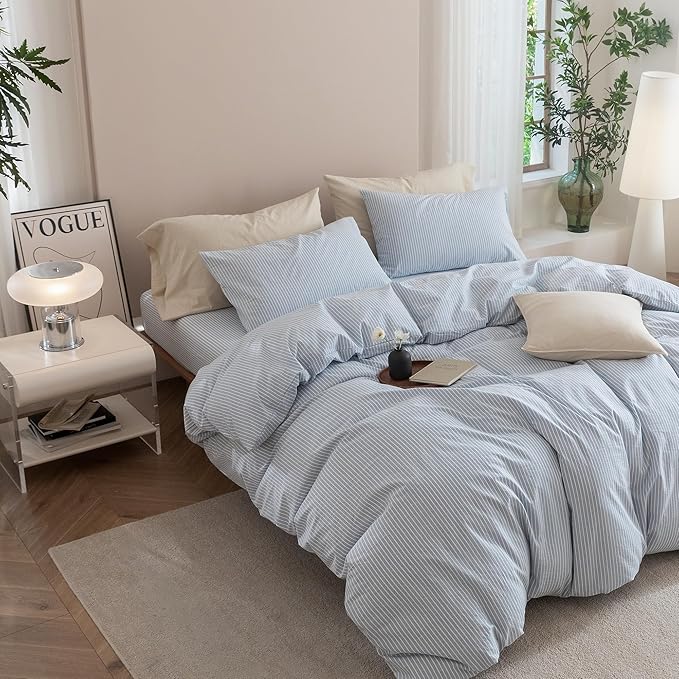 JIYUAN 100% Washed Cotton Striped Duvet Cover Set 3 Pieces Queen, 1 Duvet Cover and 2 Pillowcases(Comforter Not Included),Linen Like Comfy and Breathable,Pinstripes - Heathered Cornflower Blue White