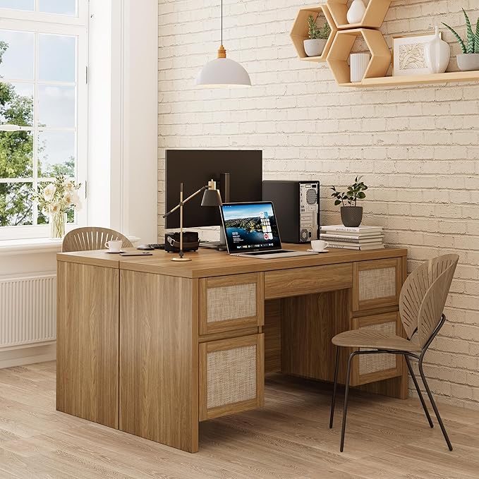 Yechen Executive Desk with 5 Drawers, 57" Modern Rattan Home Office Desk with Charging Station, File Drawer, Farmhouse Boho Computer Writing Desk for Study, Work, Oak