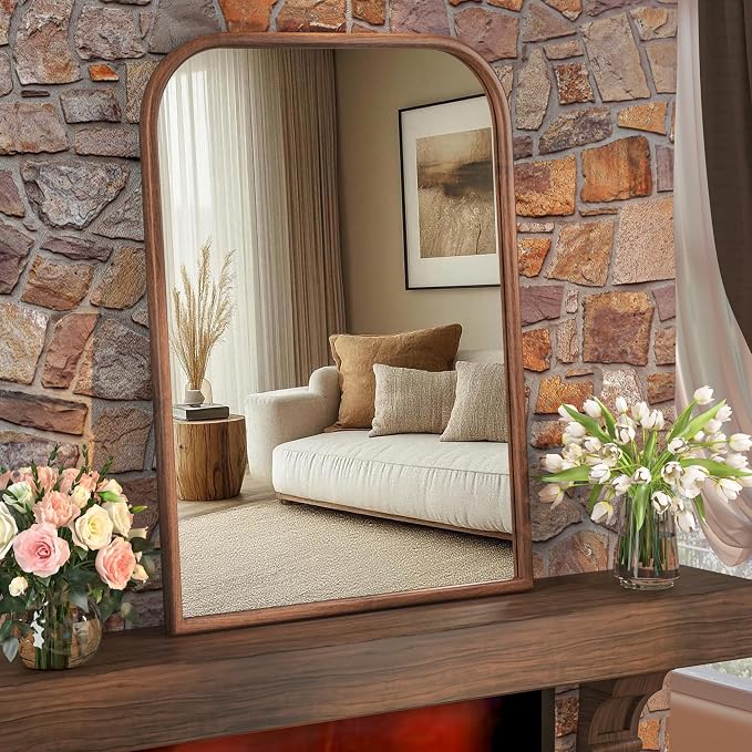 30"x40" Arch Wall Mirror Bathroom Mirror for Wall Mounted, Tempered Glass, Wood Grain Finish Frame Wall Mirror Decorative for Bedroom Living Room Entryway