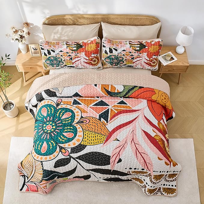 Quilt Set Full/Queen Size, Boho Floral 3 Pcs Soft Bed Cover Bedding Set, Mid Century Flowers Lightweight Bedspread Coverlet with 2 Pillow Sham for All Season