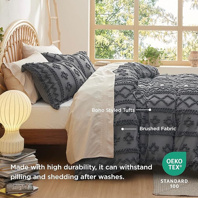 Bedsure Boho Duvet Cover Queen Size, Soft & Comfortable Elegant Design Boho Bedding for Decoration, Machine Washable Comforter Cover for All Seasons,Includes 1 Duvet Cover & 2 Pillow Shams,Dark Grey