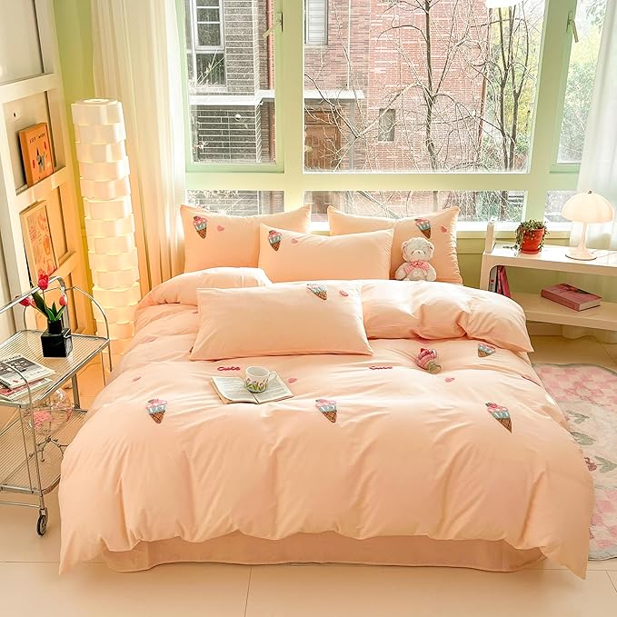 MorroMorn Cotton Duvet Cover Queen Size, Peach Pink Bed Set 3D Embroidery Bedding Sets All Seasons, Chenille Embroidered Comforter Covers Blanket for Girls Kids Teen (Ice Cream Cones, Full/Queen)