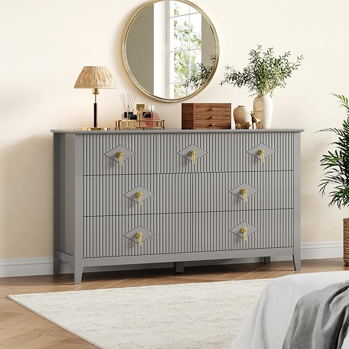 GarveeHome Fluted Dresser for Bedroom, 54 Inch Wide 7-Drawer Wood Dresser, Modern Chest of Drawers, Storage Organizer Cabinet for Living Room, Hallway, Entryway, Grey