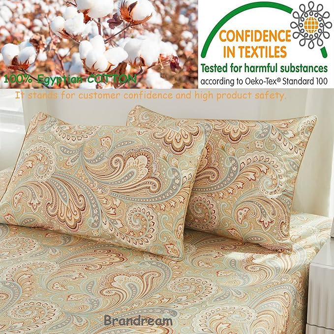 Brandream Paisley Bedding Gold Classy Regal Themed Boho Bed Sheet Set Luxury Bedding Collections 800 Thread Count 100% Egyptian Cotton Deep Pocket, 4 Piece-Queen Size