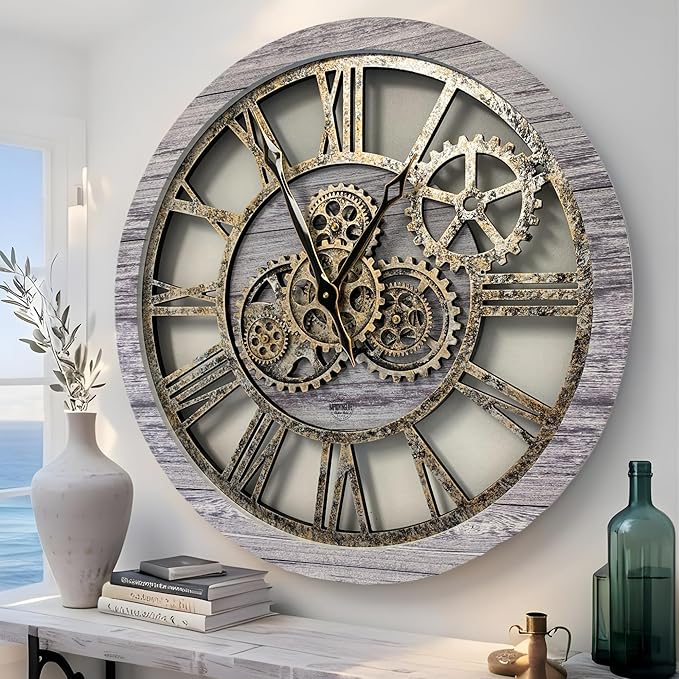 ImprovingLife The Gears Clock The Original Real Moving Gear Wall Clock Vintage Industrial Oversized Rustic Farmhouse (24 inch (60cm),Silver Grey)