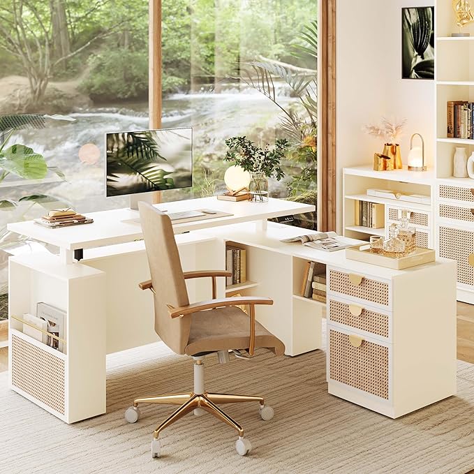 63" Standing Desk with File Cabinet, Privacy Panel, AC/USB, 1.18" Desktop, Executive L Shaped Height Adjustable Desk, Electric Stand Up Table with 3 Drawers, White Rattan