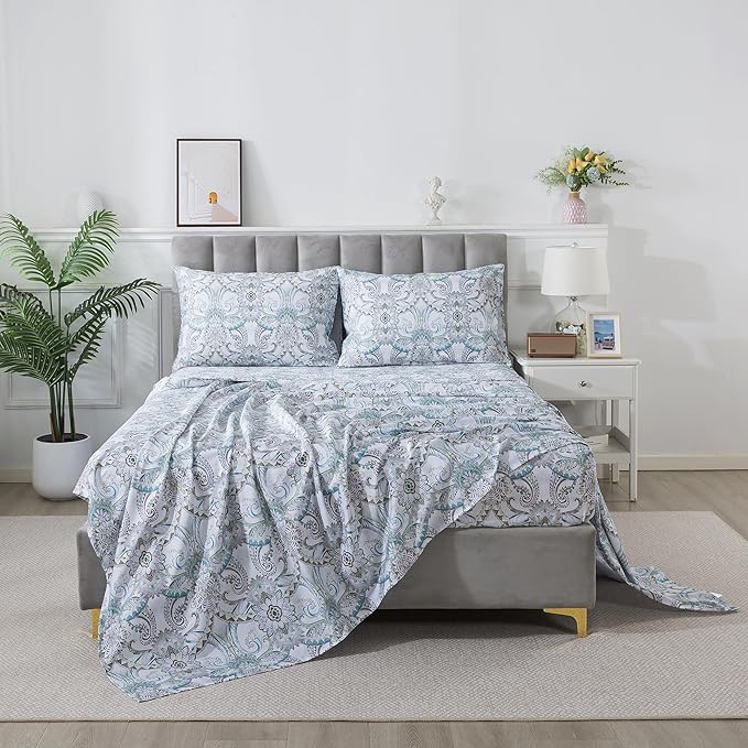 FADFAY Blue Paisley Sheets Set Cal King Boho Paisley Bedding Bohemian Damask Paisley Bed Sheet Breathable 100% Egyptian Cotton 800 Thread Count Deep Pocket Fitted Sheet 4Pcs, California King Size