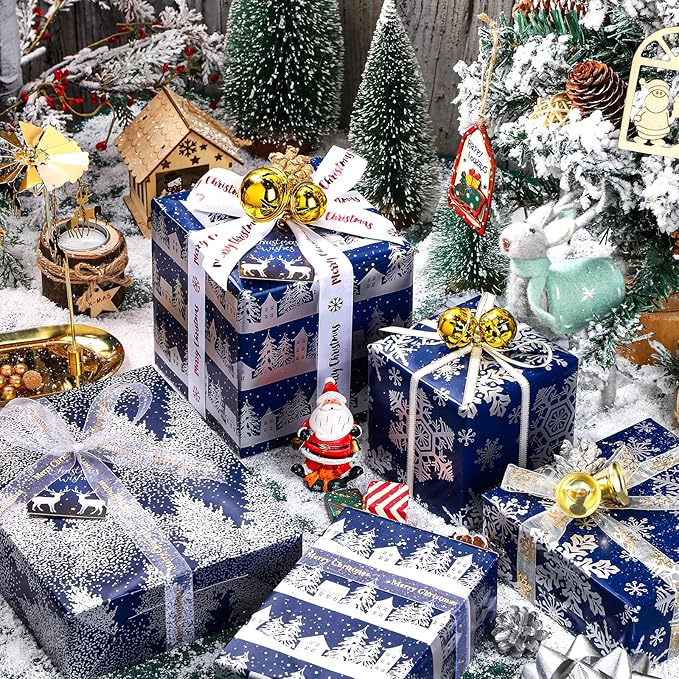 LeZakaa Navy Christmas Wrapping Paper Min Roll, Snowy Woodland Scenes House Snowflake Tree Holiday Gift Wrap, Arts Craft, for Xmas Winter Party Men Women, 17 x 120 inches, 3 Rolls