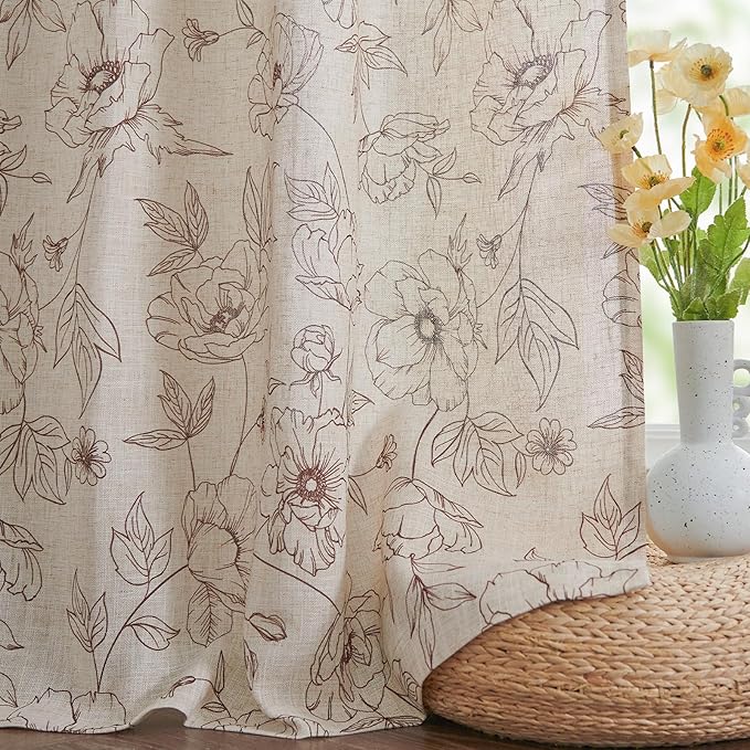jinchan Floral Linen Curtains for Living Room 63 Inch Length Brown Flower Curtain Rod Pocket Back Tab Farmhouse Curtains with Printed Floral Bedroom Window Curtain Set, 2 Panels Brown
