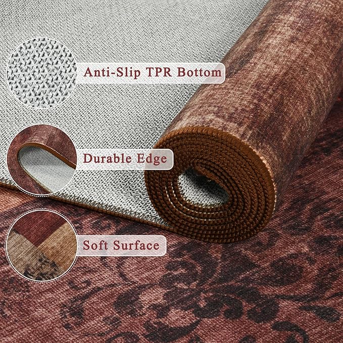 Tepook Modern Area Rug for Living Room, 8x10 Geometric Large Rugs for Bedroom, Washable Patchwork Rug Indoor Non-Slip Throw Carpets for Dining Room Office Farmhouse Home Decor, Red