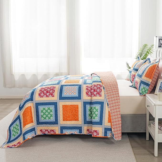 HoneiLife Quilt Set Queen Size - Retro Bedspreads 3-Pieces,Lightweight Coverlets for Queen Bed,Patchwork Bed Cover, Queen Quilt Bedding Set All Season Quilts-Orange