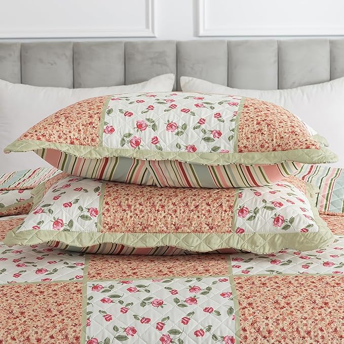 HoneiLife Queen Size Quilt Sets - Microfiber Quilt Set 3-Piece,Lightweight Bedspreads Reversible Coverlets Retro Bed Cover Floral Bedding Set, Queen Quilt Bedding Sets for All Season Use