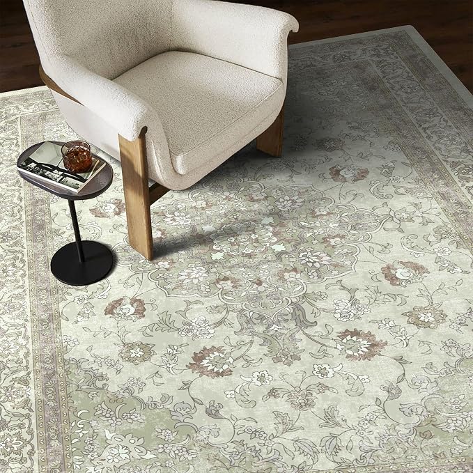 vivorug 4x6 Rug, Small Area Rug for Living Room, Bedroom, Kitchen, Machine Washable Non-Slip Throw Rug, Vintage Floral Carpet for Entryway Nursery Coffee Table - Durable (Sage Green)