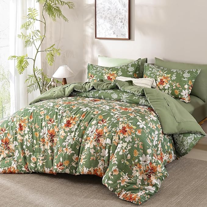 Dobuyly Queen Comforter Set, 7 Pieces Green Floral Comforter Set, Bed in a Bag Queen with Botanical Flowers Pattern, All Season Farmhouse Queen Size Bedding Set with Sheets, Pillowcases & Shams