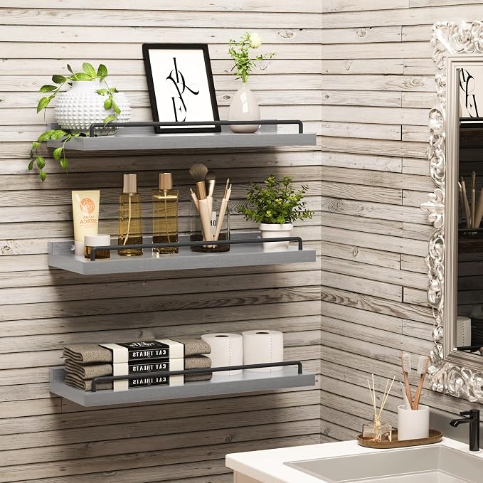 RYOFOBETTO Floating Shelves for Wall Decor, Grey Shelves for Bathroom, Living Room, Bedroom, Picture Frames, Plants, Kitchen (Set of 3)