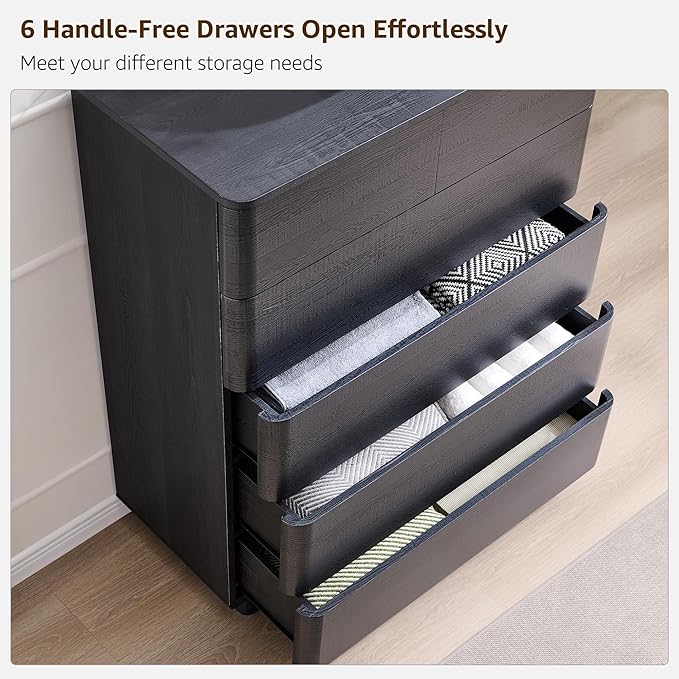 JXQTLINGMU 6 Drawer Dresser for Bedroom, 42" Tall Modern Push-to-Open Chest of Drawers, Wood Storage Organizer w/Curved Profile & Handleless Design for Bedroom, Living Room, Black