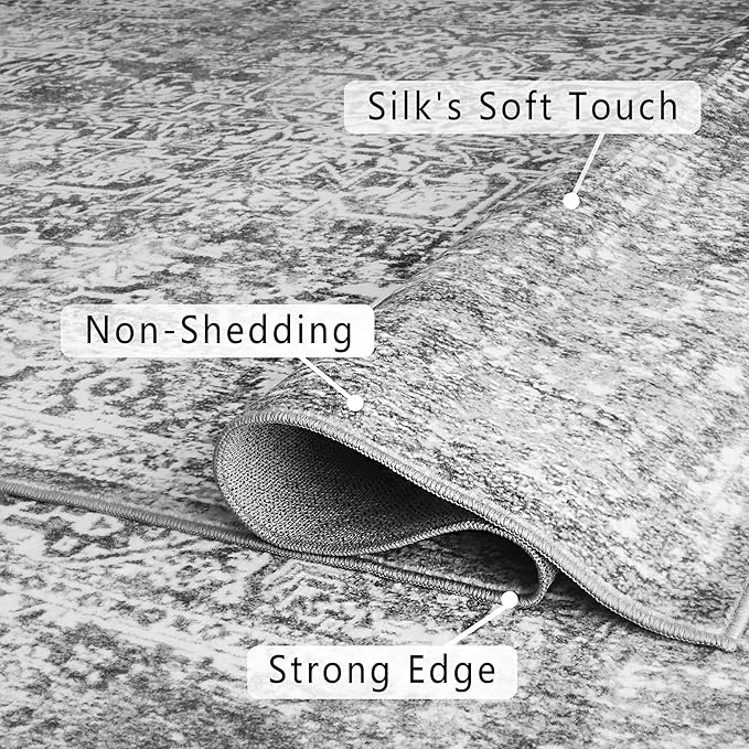 vivorug Grey Runner Rug 2x10 Machine Washable Rug with Non-Slip Backing, Ideal for Kitchen Hallway Entryway Laundry Room - Vintage, Durable, Easy Clean, Low Pile Carpet Runner