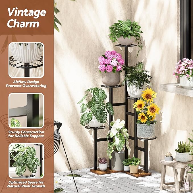 Plant Stand Indoor Outdoor, 6 Tier Tall Metal Wood Shelf Holder Display Rack Flower Pot Stand for Patio Garden Balcony Living Room Bedroom