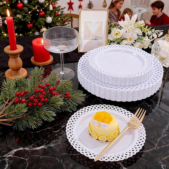 COLOSUS 60Pcs White Plastic Plates, Fancy White disposable Plates,Nice Scallop plates,Heavy Duty Lace Hollowed Out Plates include 30 Dinner Plate 10” and 30 Salad/Dessert Plate 7.5”for Christmas