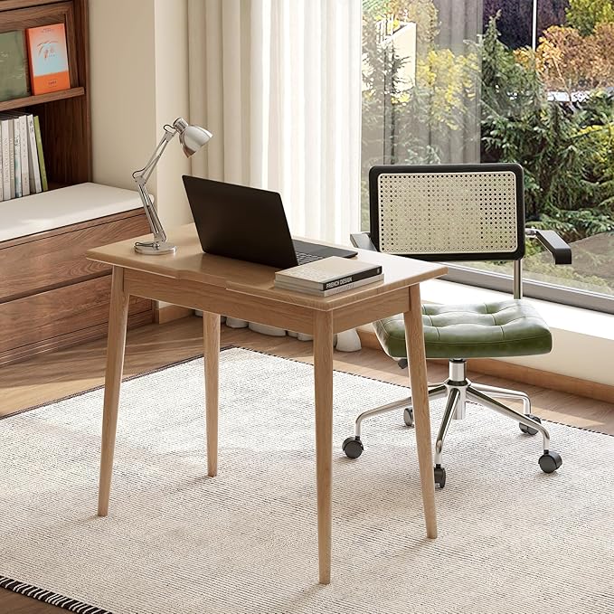 100% Solid Oak Wooden Desk Home Office Desk Mid Century Modern Writing Computer Desk with Drawer for Home Office 31"