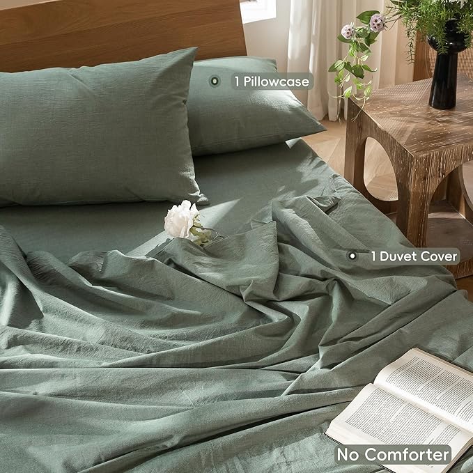 MooMee Bedding Duvet Cover Set 100% Washed Cotton Linen Like Textured Breathable Durable Soft Comfy (Heathered Green, Twin 68"x90")